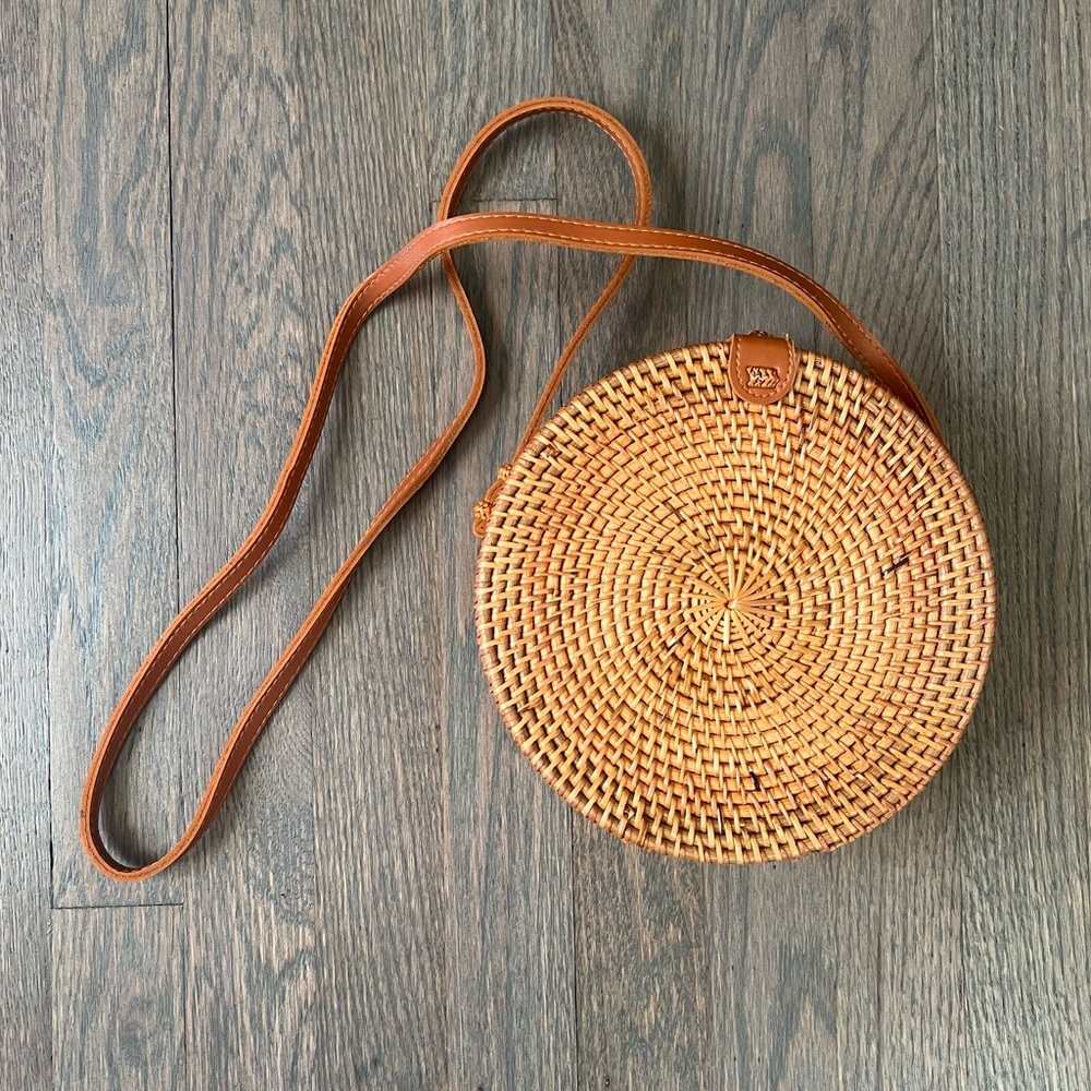 Authentic Bali Round Rattan Woven Bag Purse with Leather Strap, Batik Lining Tan
